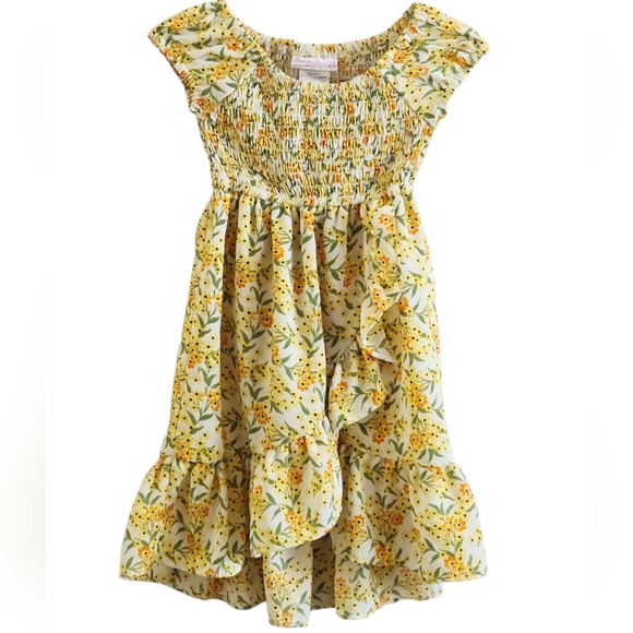 Yellow Floral Patterned Ruffled Tiered Girls Sundress with Flutter Cap Sleeves - Picture 5 of 5